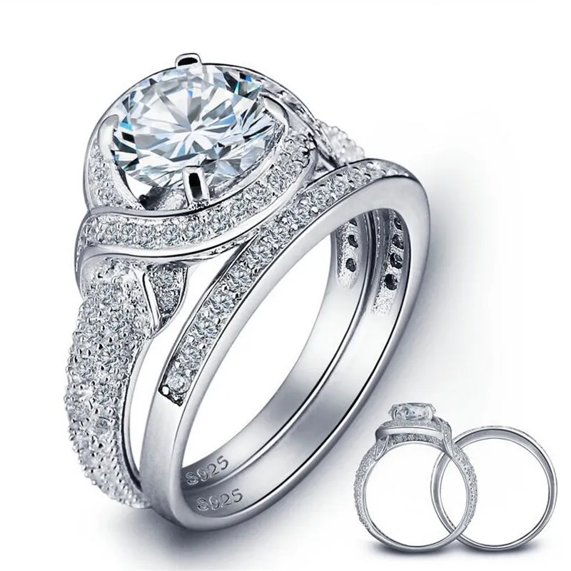 Ny produktpar Bröllopsringar smycken Sterling Sier Round Cut White 3A Cubic Zircon Party Promise Women Engagement Bridal Ring Set