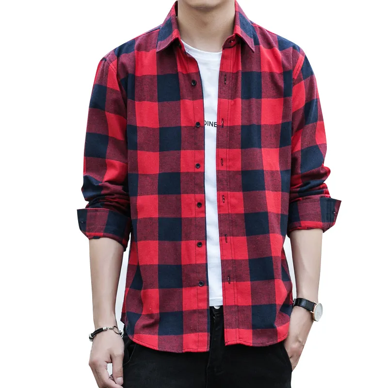 Outono camisa xadrez de manga longa moda casual fita fita chemise homme checkered top blouse macho