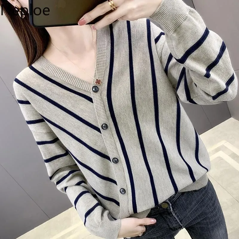 Neploe Korean Knitted Pullover Women Striped Casual Loose Sweater Single Breasted V Neck Irregular Tops Thin Fashion Jumper 210422