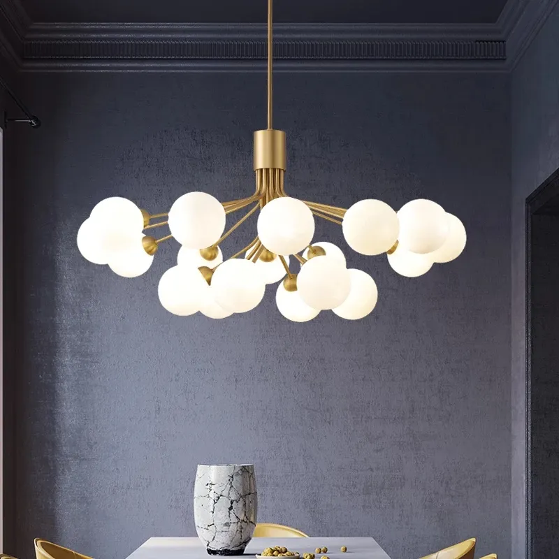 Nordic Wisiorek Lampy Oddział Szkło Bubble Shade Lighting Chandelier Nowoczesny salon Lampa sypialnia Romantyczne złote wiszące światła Oprawa LED