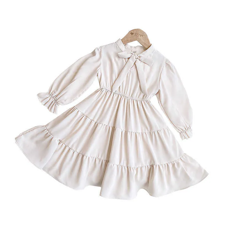 3-7 Anos Alta Qualidade Primavera Menina Vestido Moda Chiffon Sólido Drapeado Ruched Kid Crianças Roupas Princesa 210615