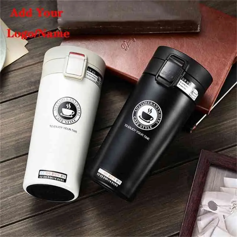 Custom of Name Travel Koffie Mok Roestvrijstalen Thermos Tumbler Cups Vacuümfles Thermo Water Mok Thermocup 210809