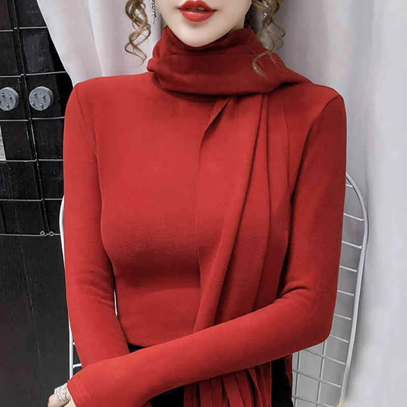 Lange mouwen Gratis sjaal Rood Turtleneck Velours Blouse Shirt Tops Vrouwen Blouse Dames Blusas Mujer de Moda Dameskleding D946 210426