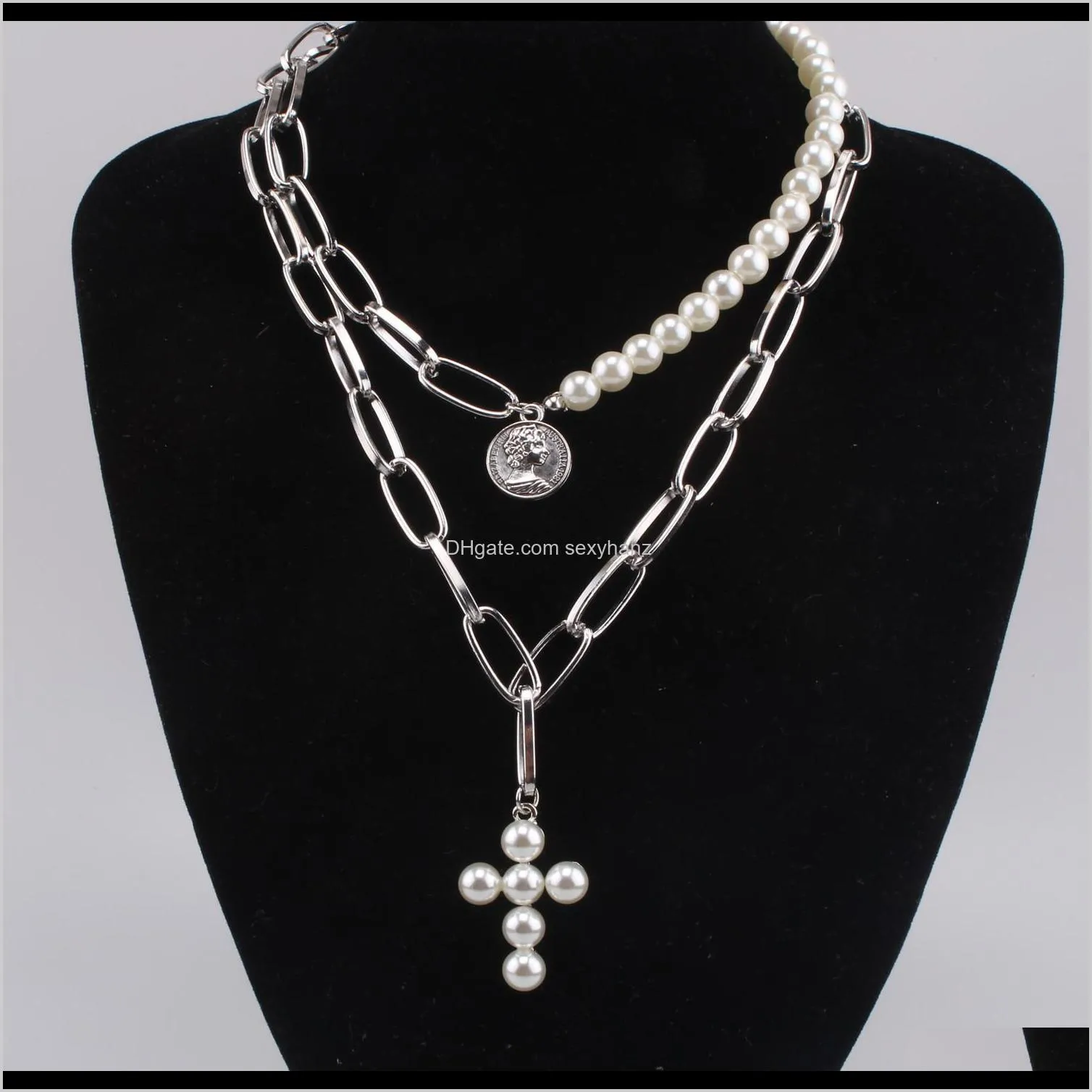 Hot sale three pearl cross layers short anomaly style necklace and earrings new product with round shape and pattern wholesale free