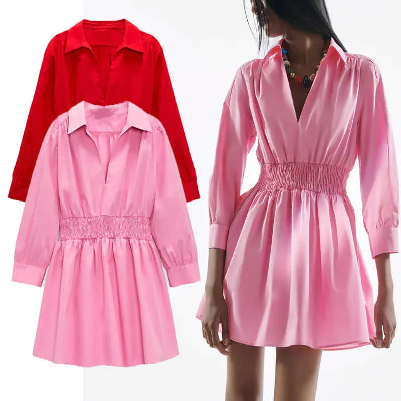 Za Pink Mini Shirt Dress Donna Elegante manica lunga elastico in vita Office Laay Summer Dress Donna Fashion Popeline Abiti 210706