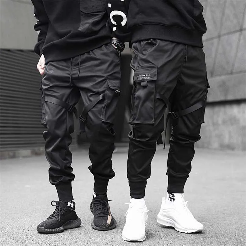 Men Cargo Pants Black Ribbons Block Multi-Pocket Harem Joggers Harajuku Sweatpant Hip Hop Casual Male Trousers 211110