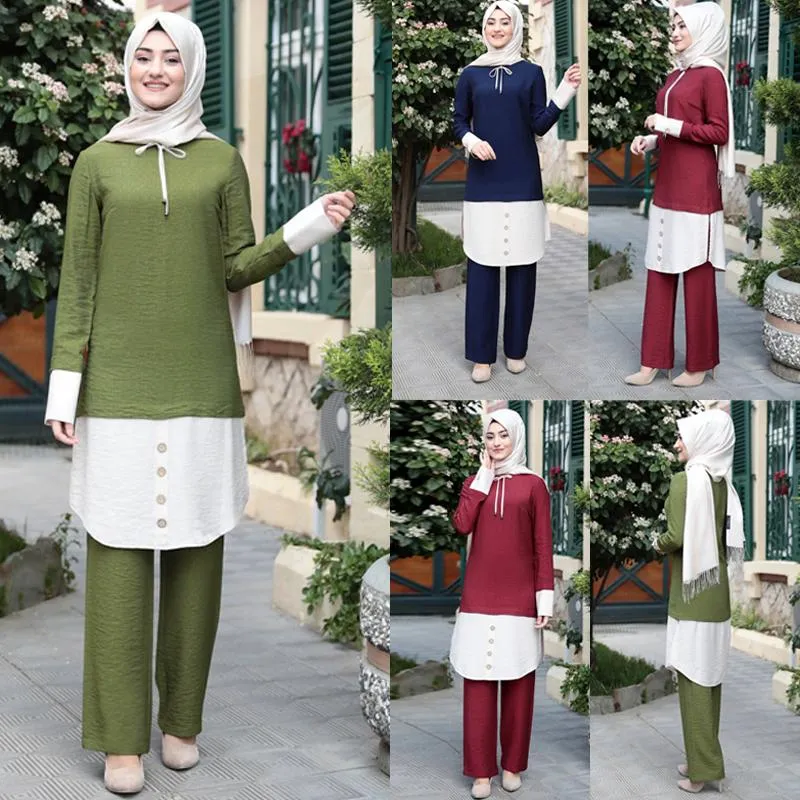 Roupas étnicas árabes 2 peças dubai abaya turco hijab muçulmano vestido e calça ternos para mulheres kaftan islâmica femme musulmane