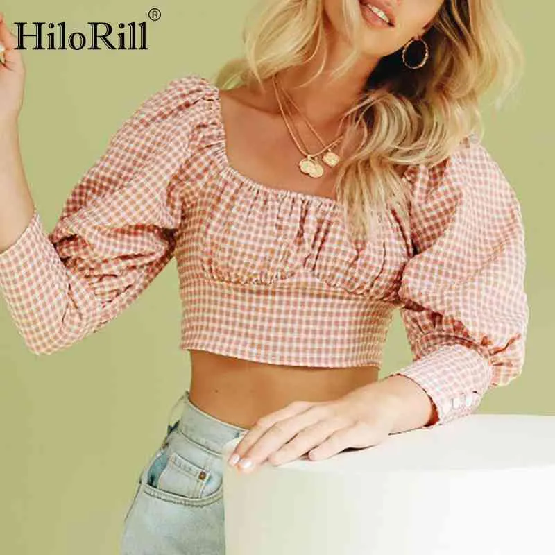 Femmes Plaid Crop Top Blouses Col carré Blouse élégante Chemise Dames Lanterne Manches Casual Court Tunique Tops 210508