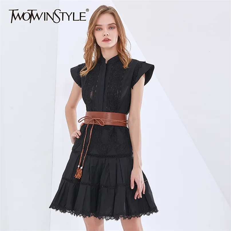 Blanc Patchwork PU ceintures en cuir robe pour femmes col montant sans manches taille haute robes élégantes femme 210520