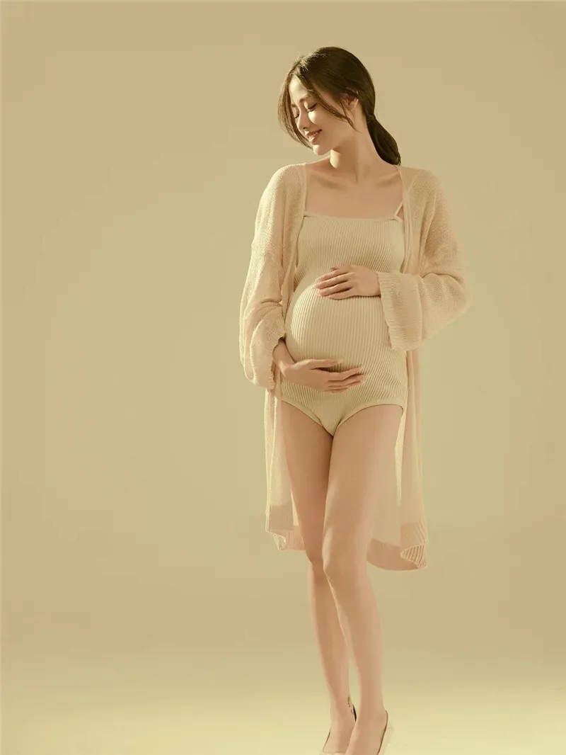 Knit maternidade fotografia casaco jumbsuit para bebê chuveiro sexy gravidez tiro bodysuit bonito mulheres grávidas roupas foto