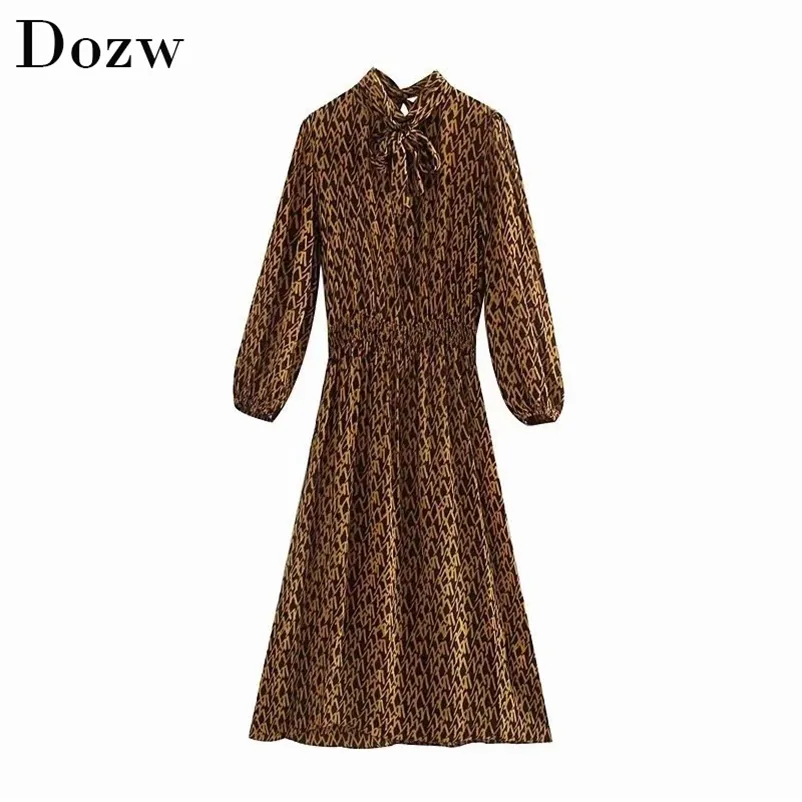 Vintage Bow Tie Women Print Long Dress Fashion Puff Sleeve Elastic Waist A-line Elegant Ladies Office Wear Pleated es 210515