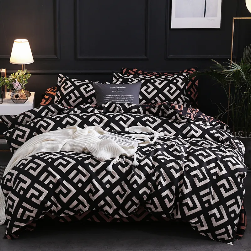 Luxe zwart beddengoedset ENKEL full size polyester beddengoed dekbedovertrekset moderne vogel geruite anime met kussensloop