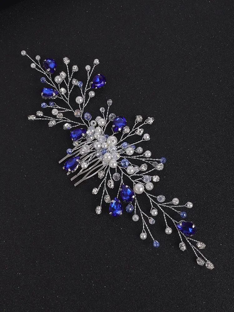 Headpieces Blue Crystal Bröllop Hår Tillbehör Rhinestone Romantiska Kvinnor Ornaments Brud Headband Bridal Headdress Tiara Comb