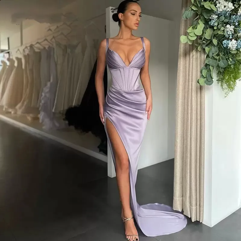 Sexy wysoki rozłam sukienki wieczorowe Corset Paski V-Neck Satin Saudyjska Arabia Mermaid Prom Pageant Dress 2022 Bez rękawów Long Cocktail Party Suknie Specjalne okazje Nosić