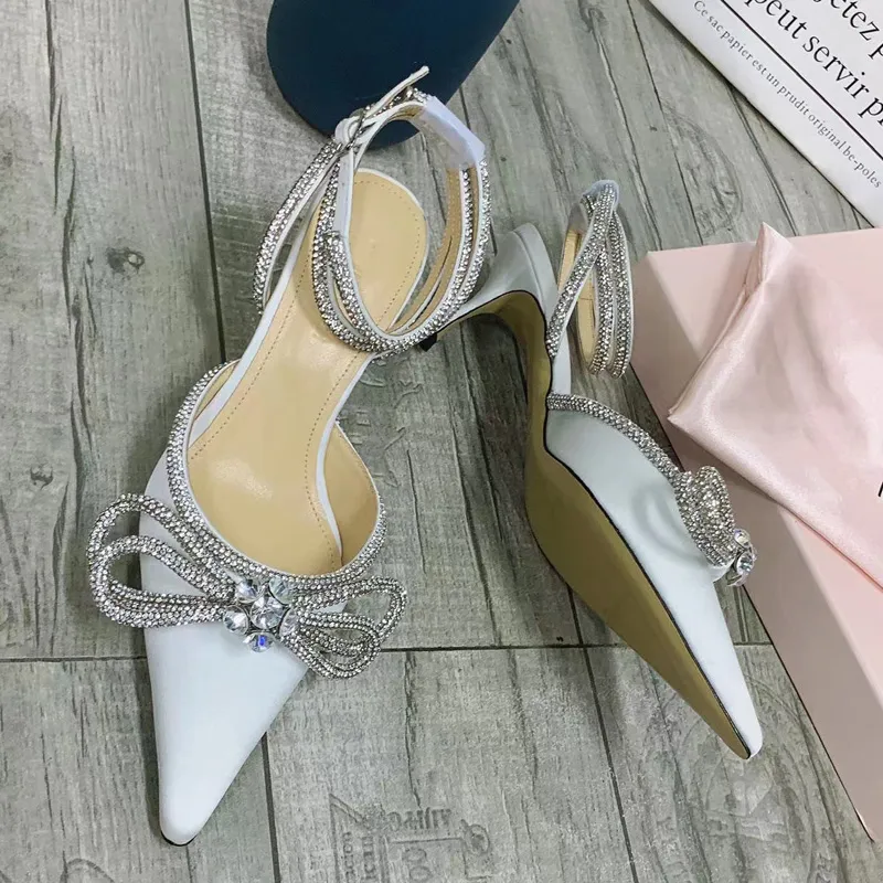 luxurious Designers Dress shoe Evening Slingback Satin Bow Pumps 6.5cm Crystal-Embellishments rhinestone shoes spool Heels sandals for women slipper