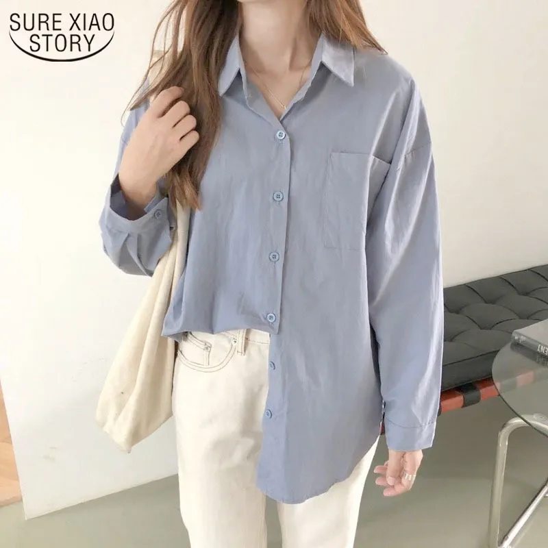 Camisa branca da primavera Mulheres soltas de manga comprida blusa bolso para baixo colarinho casual senhoras algodão e linho tops 12807 210508