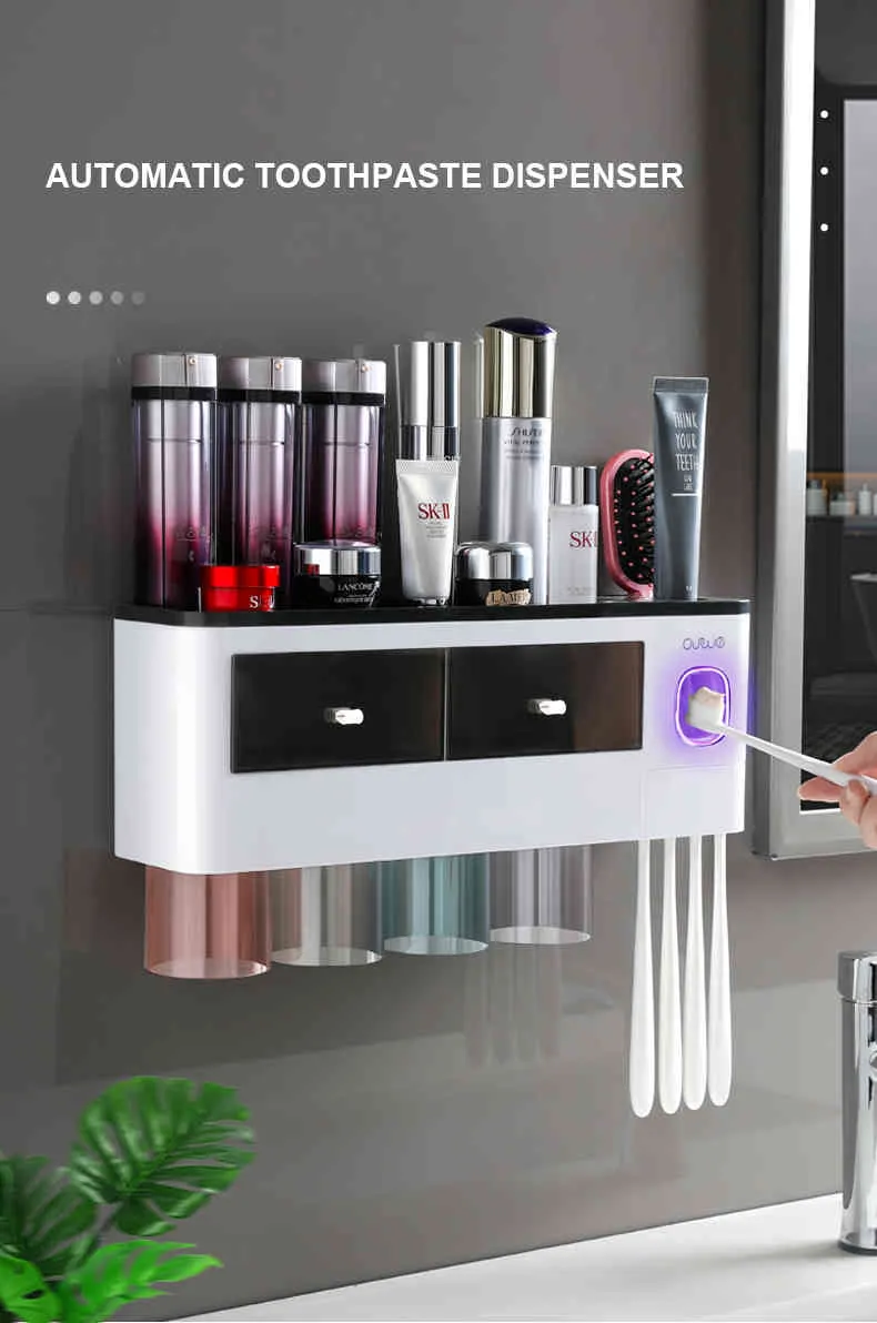 Magnetic Toothbrush Holder with Automatic Toothpaste Dispenser and Two ...