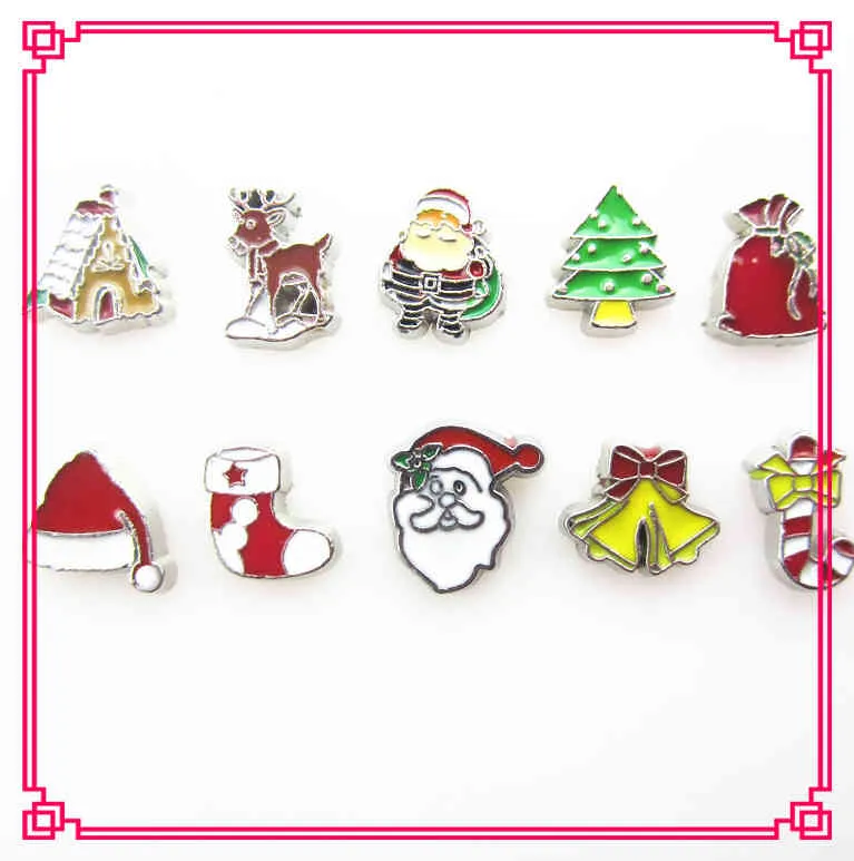 Hele 50 stks / partij Mix Kerst Living Glass Memory Medaillons Drijvende Charm DIY Sieraden Charms