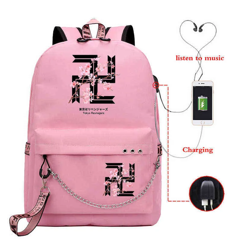 Tjejer skolväska tokyo revengers körsbärsblomma anime bookbag ryggsäck usb laddning tonåring tjej manga skolbag mochilas