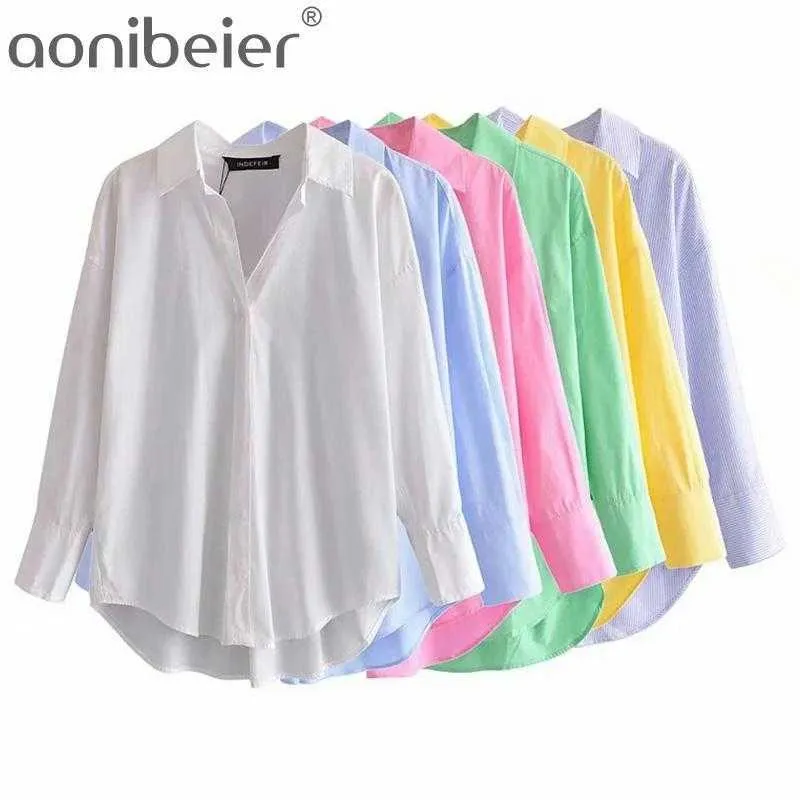 Pink Green Yellow Summer Loose Shirt Fashion Drop Shoulder Women Casual Blouses Curved Hem High Low Striped Tops 210604