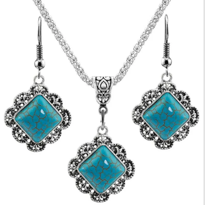 Boucles d'oreilles collier FYSL 10 ensembles argent plaqué losange forme vert Turquoises pierre pendentif goutte charme bijoux