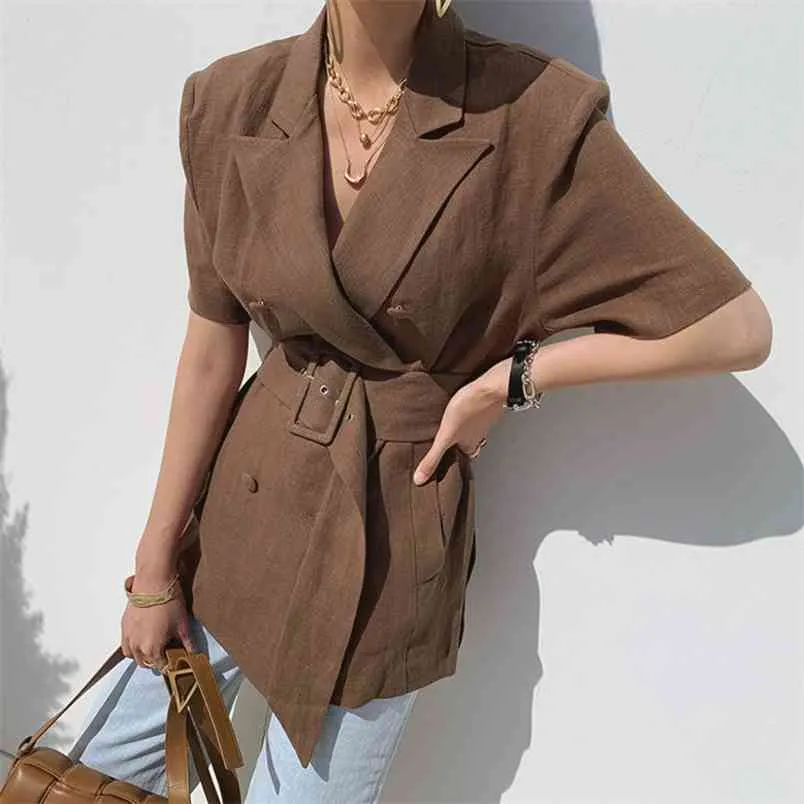 Koreanische Leinen Zweireiher Gürtelte Ol Frauen Blazer Kurzarm Kurzarm Kragen Sommer Elegante Mode Lässige Mäntel Anzüge 210514