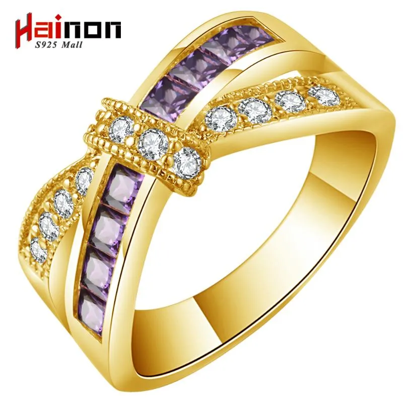 Hochzeit Ringe Gold-Farbe Kreuz Ring Für Dame Gepflastert Cz Zirkon Luxus Prinzessin Frauen Bowtie Engagement Lila Rosa Schmuck