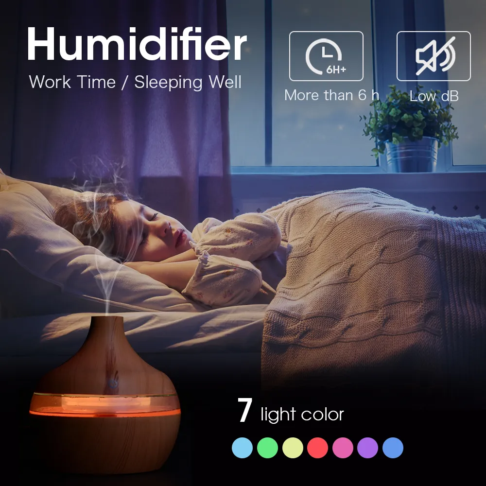 EZSOZOA humidificateur 300ML USB humidificateur d'air électrique diffuseur d'arôme brume huile de Grain de bois aromathérapie Mini avoir 7 lumière LED pour Car180W