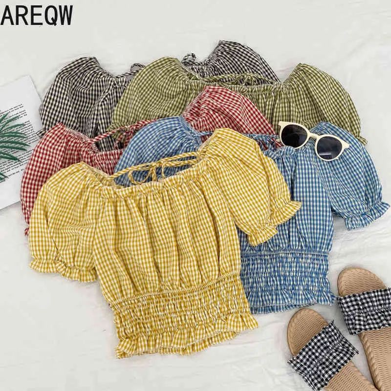 Summer Korean Fashion Lace Bowknot Plaid Puff Sleeve Thin Short Shirt Top Women 210507