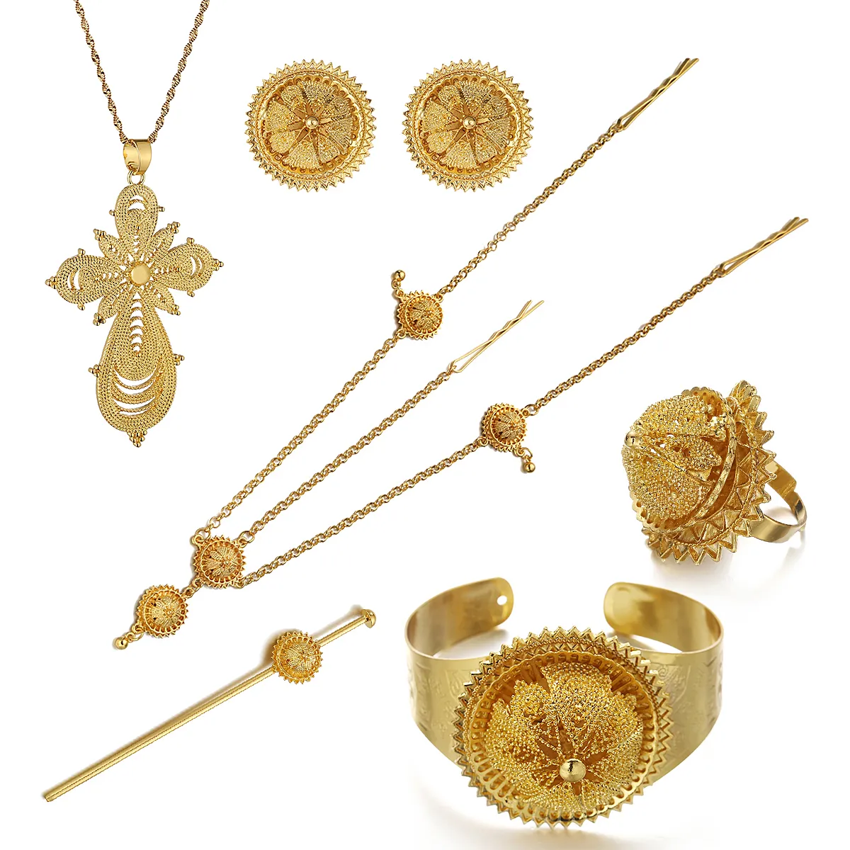 Серьги с браслетом эфиопского креста Ожерелье Ювелирные изделия Установите золотое цветное кольцо Bangle Habesha Africa Свадебные подарки