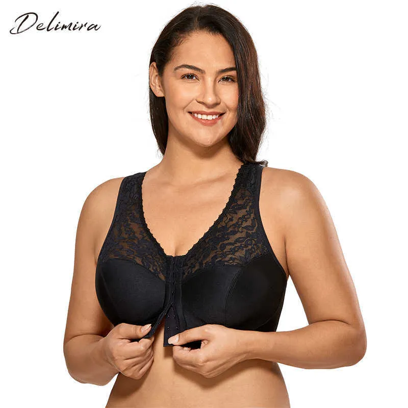 DELIMIRA Women's Plus Size Full Coverage Wirefree Lace Front Closure Bra Racerback 210623