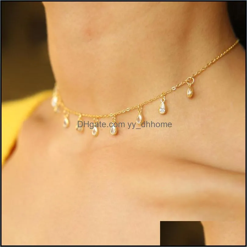 Elegant Cz Tear Drop Charm Simple Choker Layer Necklaces & Pendant Delicate Gold Color Sexy Station Jewelry For Women Chokers