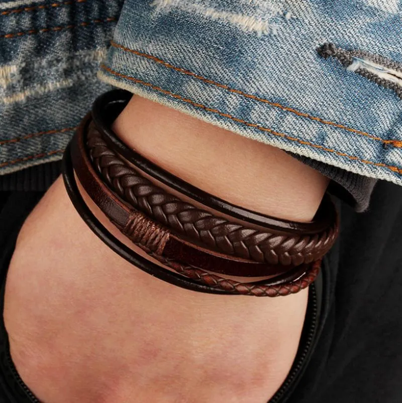 Bangle Minimalist Black Leather Bracelet Multilayer Metal Magnetic Buckle Fashion Men's Jewelry Accessories