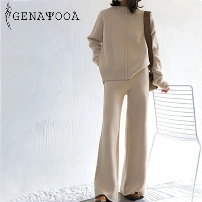 Genayooa Winter Tracksuit 2ピースパンツスーツの女性ニット長袖ツーピースセットトップアンドパンツ女性のスーツの韓国210727