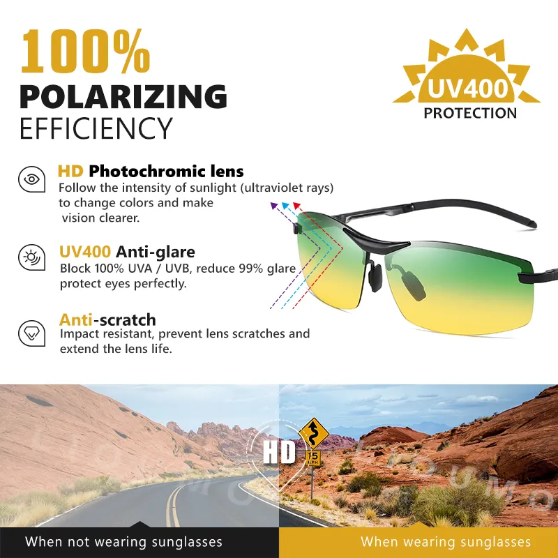 AORON Night Driving Glasses – Polarized Photochromic Sunglasses, UV400, Anti-Reflective, Men's