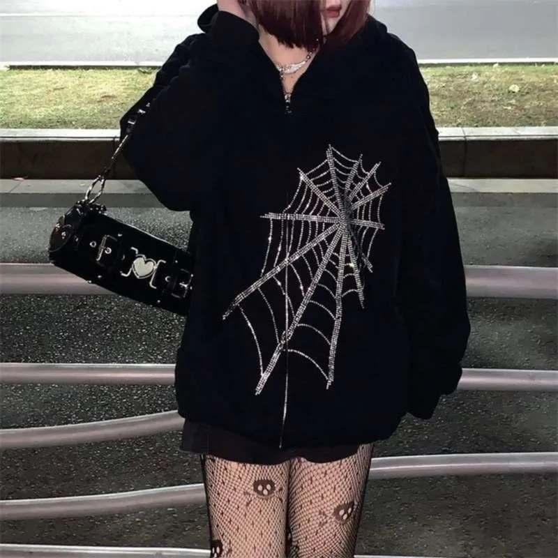 Gothic Svart Rhinestone Punk Hooded Kvinnor Fairy Grunge Dark Academia Jacka Coat Harajuku Zipper Sweatshirts Emo Alt Kläder 210927
