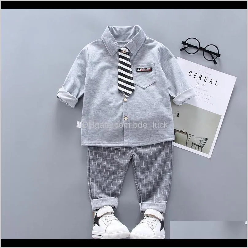 New Baby Boys clothing Sets White Grey shirt+Plaid pants 2pcs Infant toddle Suitskids outwears with tie baby boys clothes