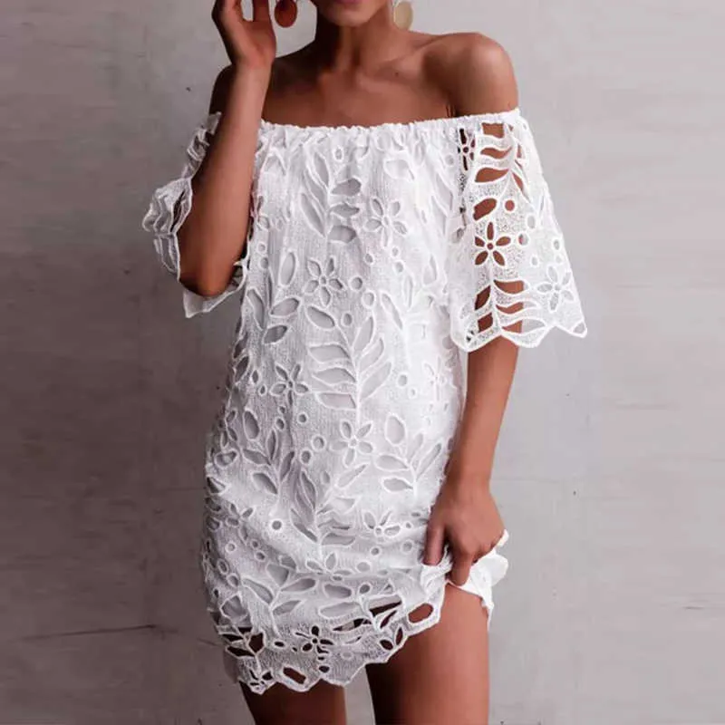 Zanzea Fashion Summer Lace Crochet Dress Women Off Shoulder Short Sleeve Party White Sundress Sexig båt Hals Hollow Out Vestido Y0603