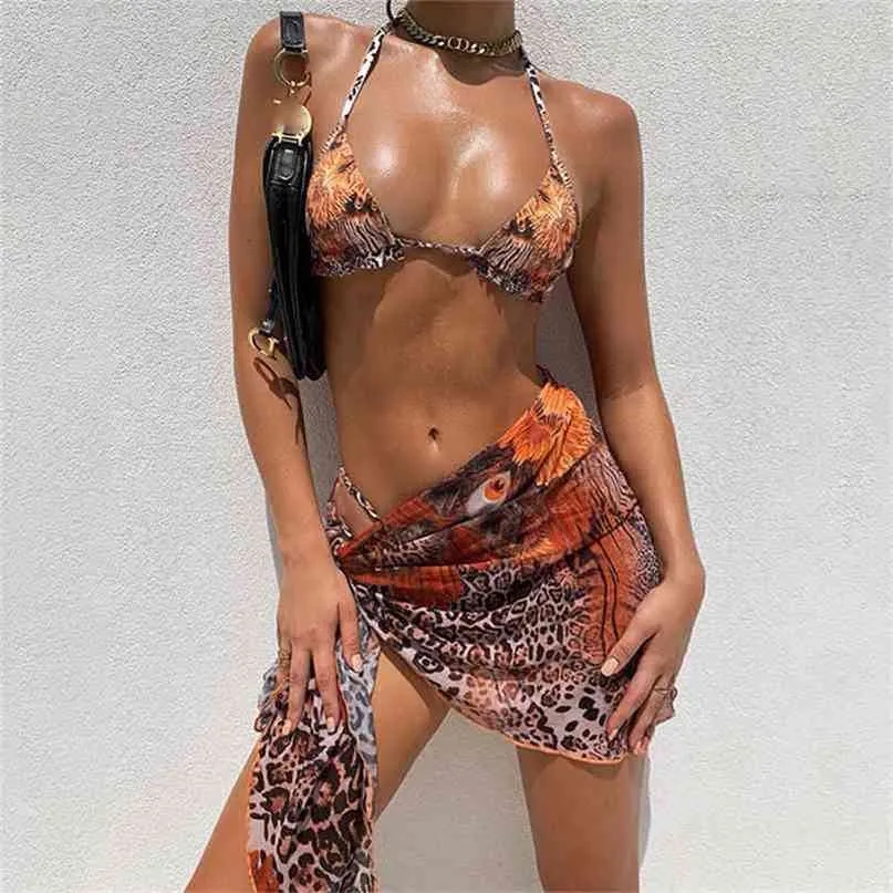 Sexy Leopard Bikini With Skirt Halter Swimwear 3 Piece Sets Women's Swimsuit Mesh Bathing Suit Bikinis Beachwear 210702