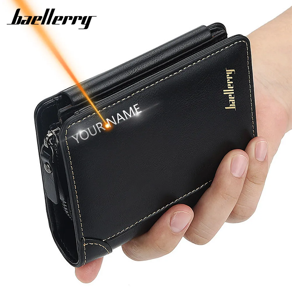 Men Name Engraving High Quality Zipper Short Desigh Purse Vintage Coin Holder Wallets