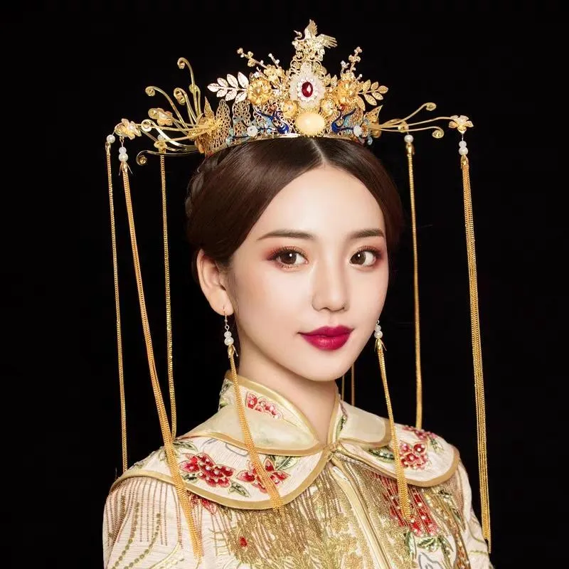 Hårklämmor Barrettes Diy Material Package Kinesisk stil Bröllop Phoenix Crown Bride Headpiece Traditionell Coronet Long Tassel Ti310k
