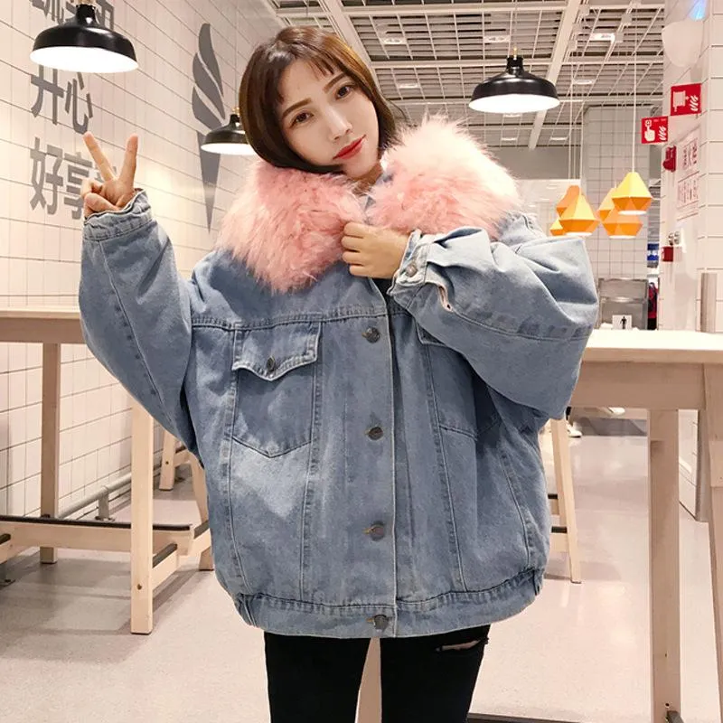 Women's Down & Parkas Big Faux Fur Collar Denim Jacket Women Winter Thick Hooded Warm Jean Korean Basic Short Female Bomber Coat Outwear