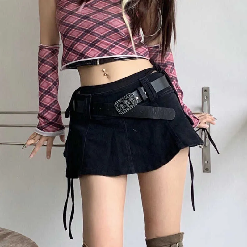 النساء الأصلي Harajuku Low Weaist Mini Pant Skirt Sold Black White Punk Skull Weistband Hot Girls Denim Skirt Culotte plus size Y0824