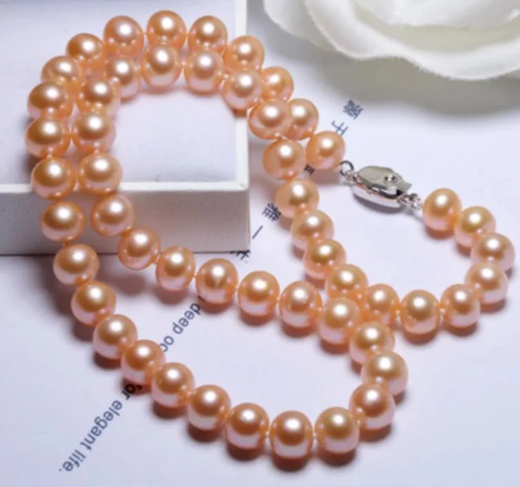 9-10mm South Sea Round Gold Pink Pearl Necklace Choker Bridal Smycken 18inch