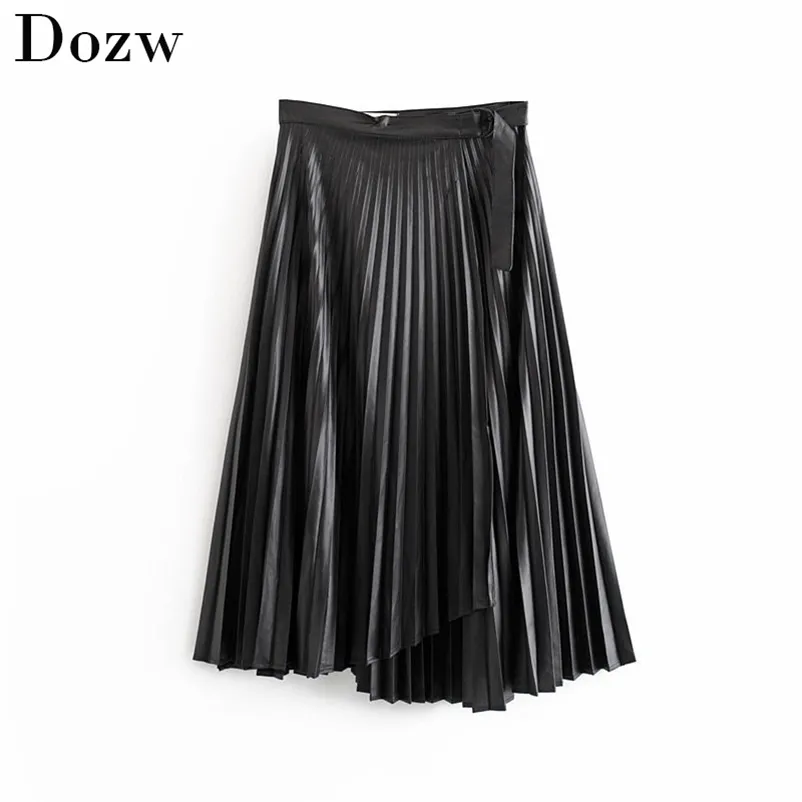 Black Faux Leather Pleated Skirt Streetwear Asymmetrical Midi Shirt With Belt Autumn Winter Vintage Elegant Office 210515