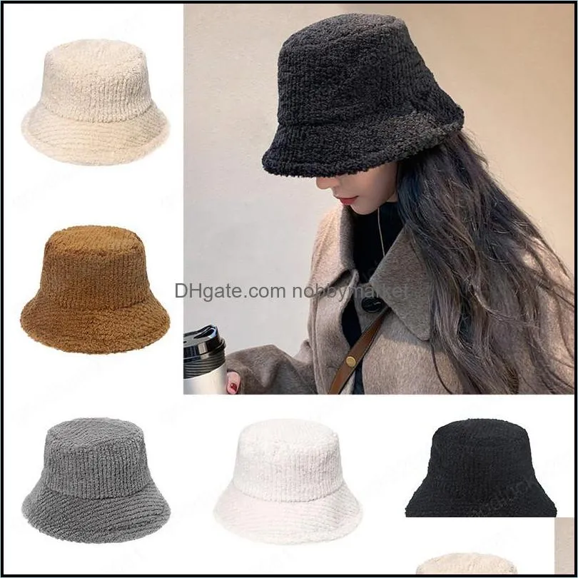 Bucket Hat Fashion Solid Winter Thick Warm Faux Fur Plush Women Wool Fleece Hats Ladies Panama Cap Fisherman Caps