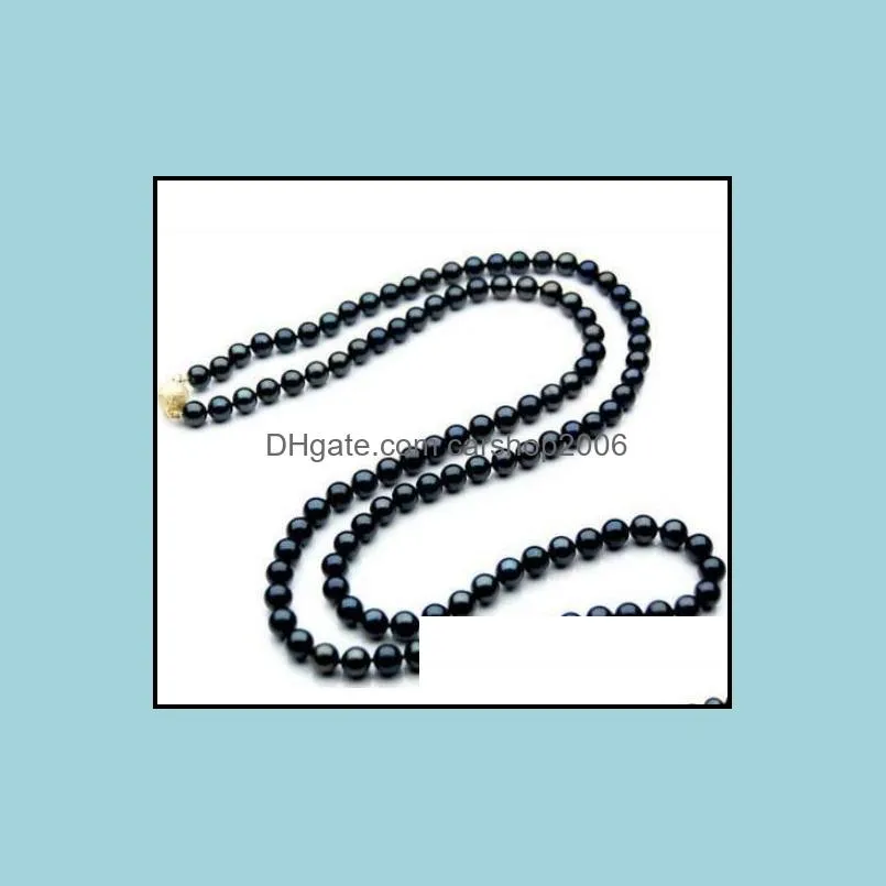 Hot Sell 9-10mm Natural Pearl Necklace Tahitian Black Beaded Necklaces 22 Inch 14k Gold