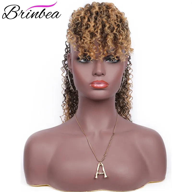 Brinbea 18'Kinky Drawstring with Curly Bangs Japan-made Synthetic Pieces Clip in Ponytail Extension for Women