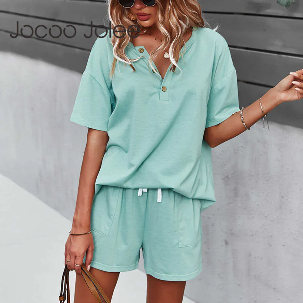 Jocoo Jolee Frauen Sommer Casual Solide Lose Botton Top Und Basic Hosen Zwei Stück Sets Oansatz T-shirt Elastische Taille sport Stil 210619