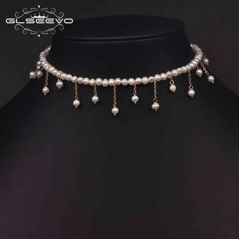 GLSEEVO Original Design Handmade Beaded Tassel Choker Necklace For Best Friend Natural Fresh Water Pearl Luxury Jewelry GN0227